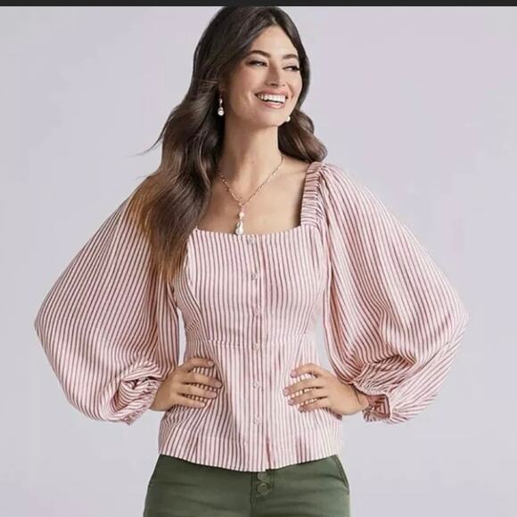 Cabi Carnival Top Puff Sleeve Smocked Back Long Sleeve Striped #5890 Medium - Picture 1 of 8